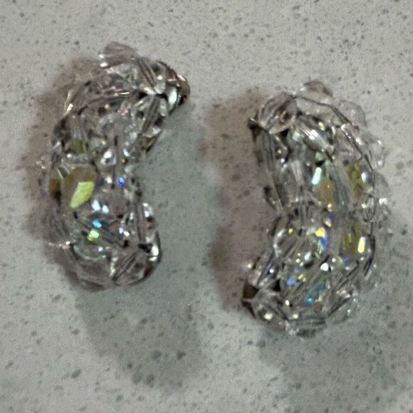 Gorgeous Vintage Clip On AB Earrings Wire Wrapped Huggers Aurora Borealis EUC - Picture 4 of 6